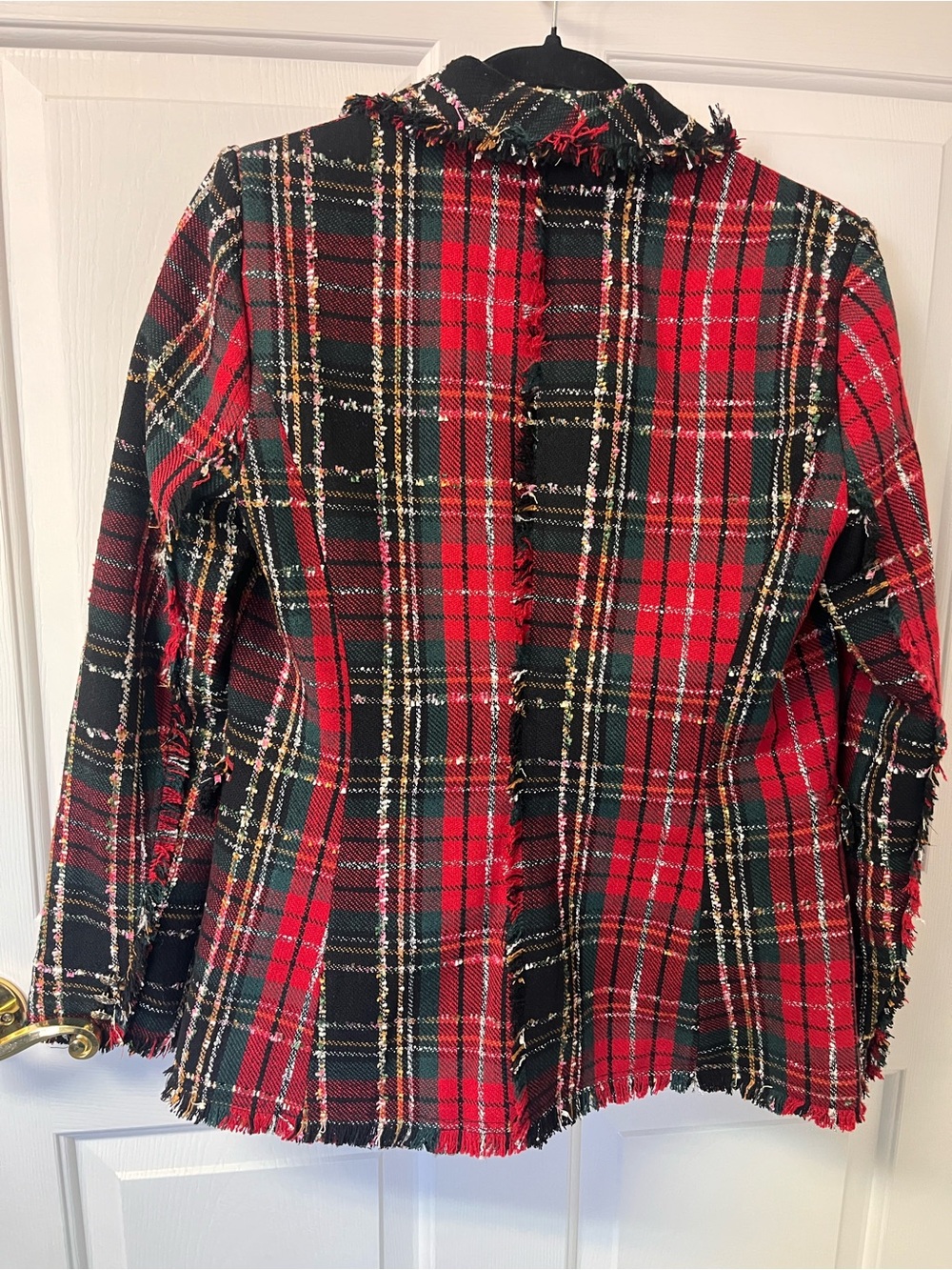 Rachel Zoe Red and Black Plaid Fringe Tweed Double-Breasted Blazer - Picture 7 of 7